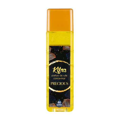 Kifra perfume bottle with a yellow cap and black label on a white background