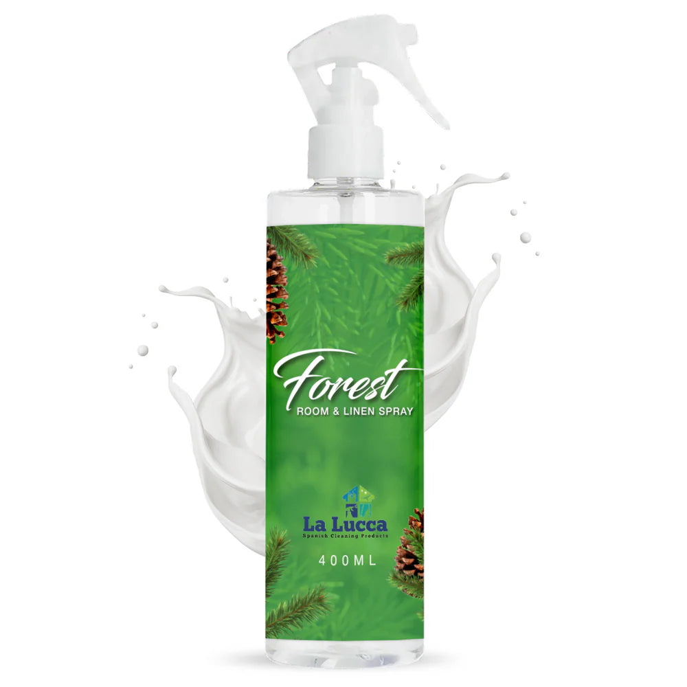 Forest room and linen spray bottle with green label on a white background