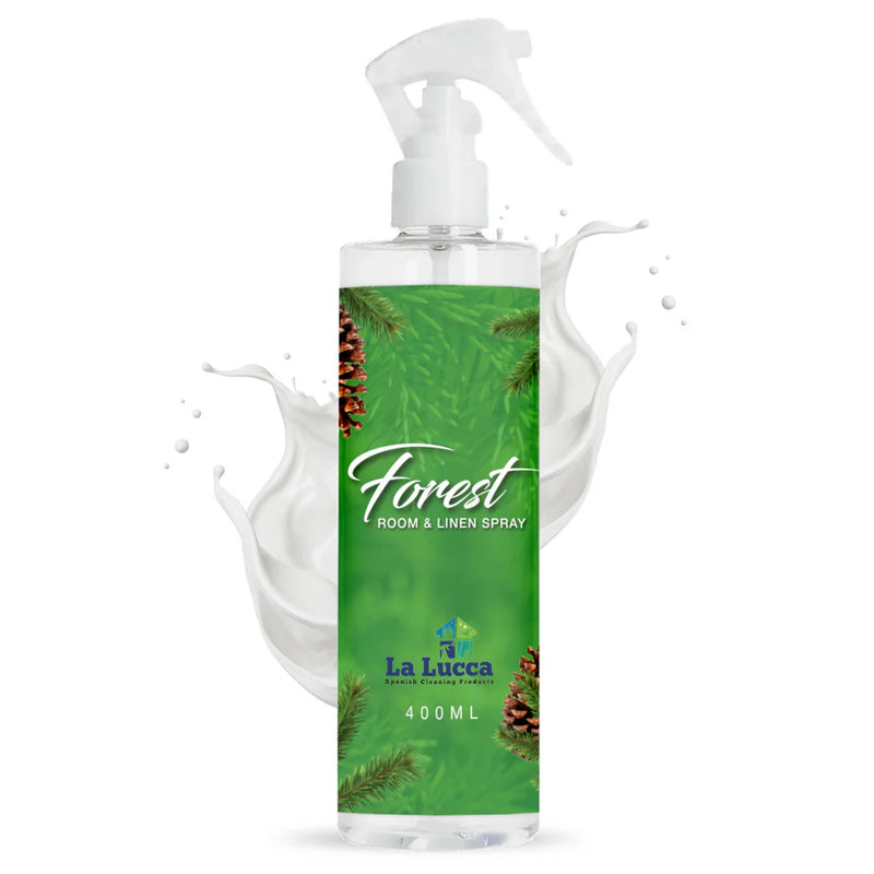 Forest room and linen spray bottle with green label on a white background